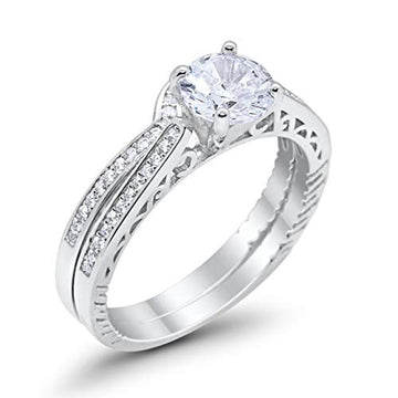 Filigree Two Piece Wedding Ring Round Simulated Cubic Zirconia 925 Sterling Silver